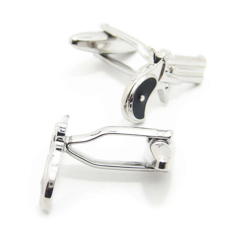Revolver Cufflinks Hand Gun Silver Black Top