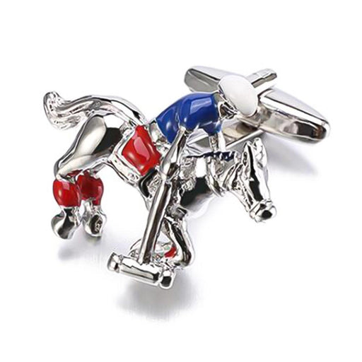 Horse and Polo Player Cufflinks Silver Red Blue Image Front