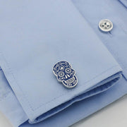 Mosaic Skull Cufflinks Navy Blue Image On Shirt Sleeve