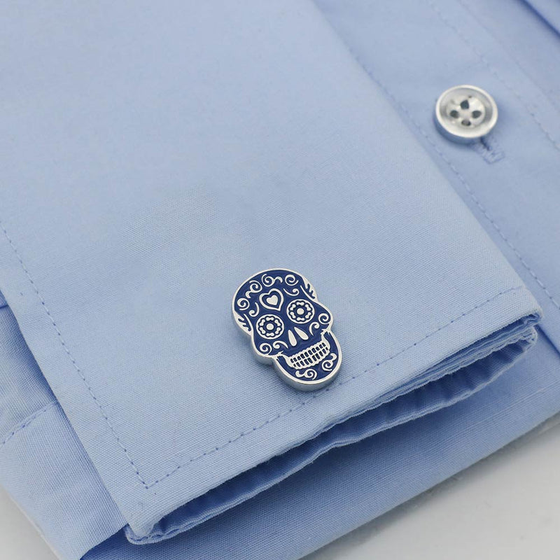 Mosaic Skull Cufflinks Navy Blue Image On Shirt Sleeve