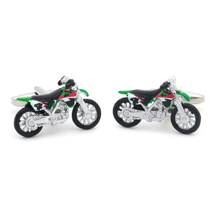 Dirt Bike Motorcycle Cufflinks Silver Green Front Pair