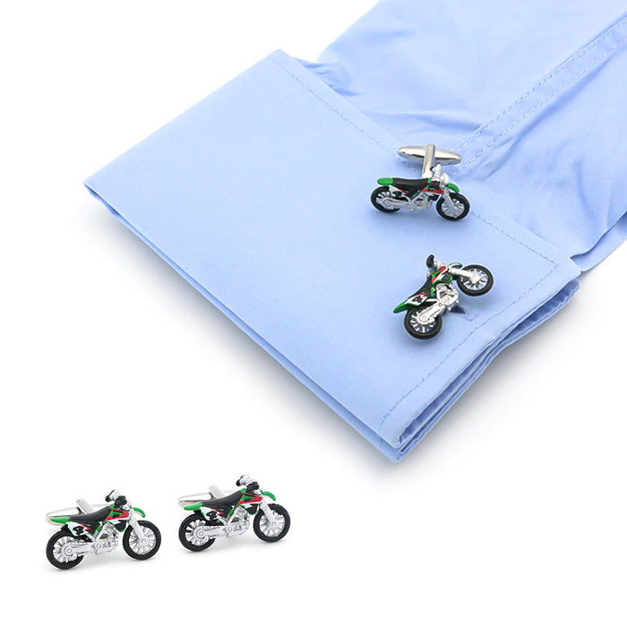 Dirt Bike Motorcycle Cufflinks Silver Green On Shirt Sleeve