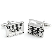 Music Cassette Cufflinks Tape Player Silver Pair Side View