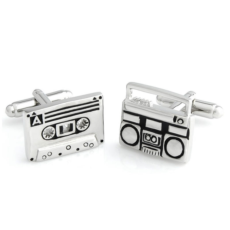 Music Cassette Cufflinks Tape Player Silver Pair Side View