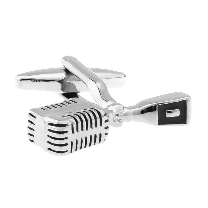 Retro Microphone Cufflinks Silver and Black Music Front Image