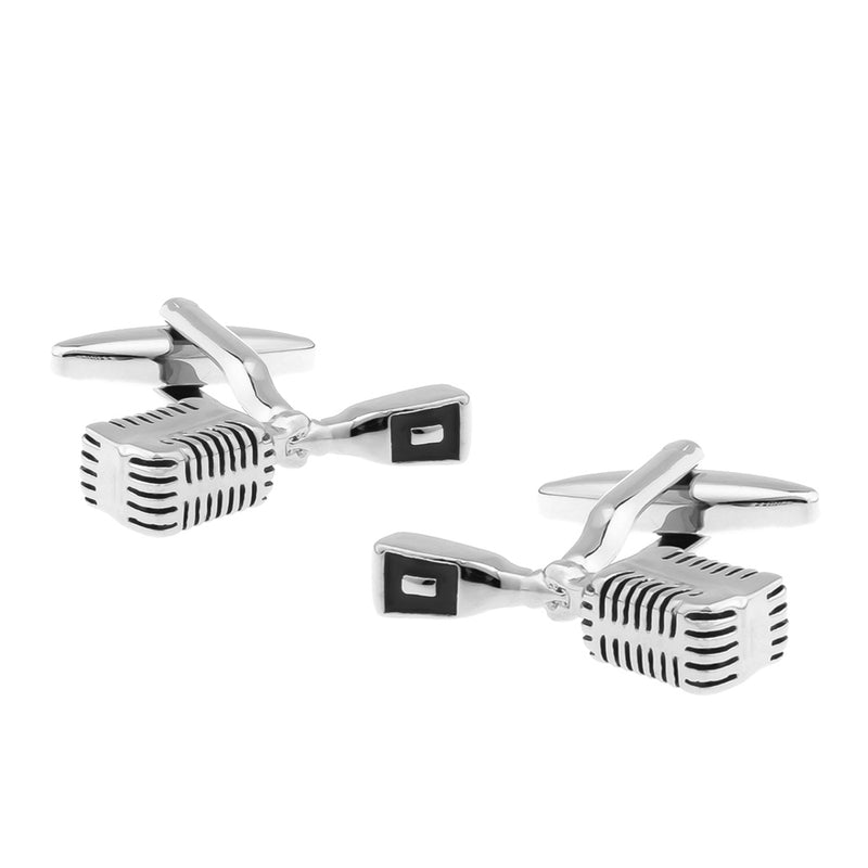 Retro Microphone Cufflinks Silver and Black Music Pair Front