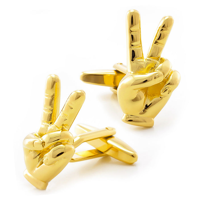 Peace Sign Hand Cufflinks Gold Pair