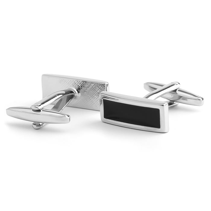 Silver Rectangular Cufflinks Glossy Black Inner Image Front And Back