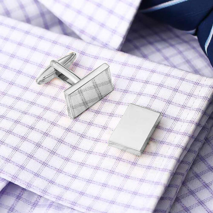 Glossy Silver Plain Flat Rectangular Cufflinks Image On Shirt Sleeve