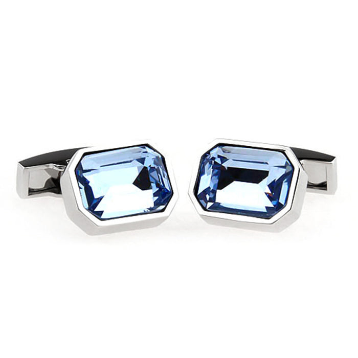 Rectangular Light Blue Stone Cufflinks With Edged Corners Silver Front Pair