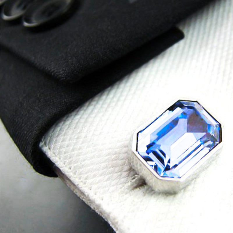 Cufflinks - Stone Blue Light Rectangular Corner Edge (Silver)