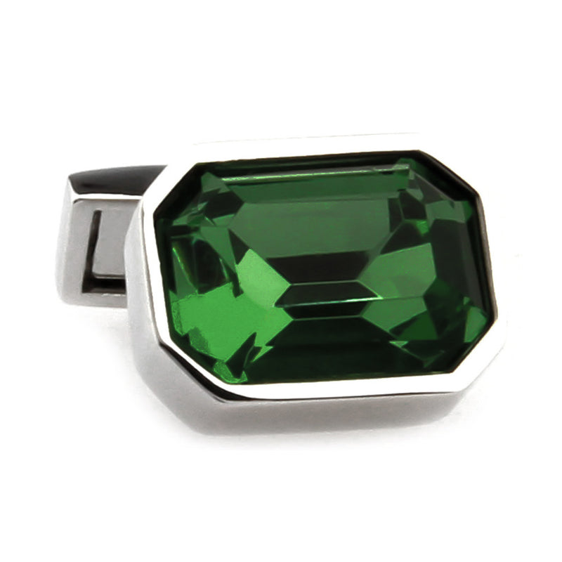 Rectangular Dark Green Stone Cufflinks With Edged Corners Silver Front View