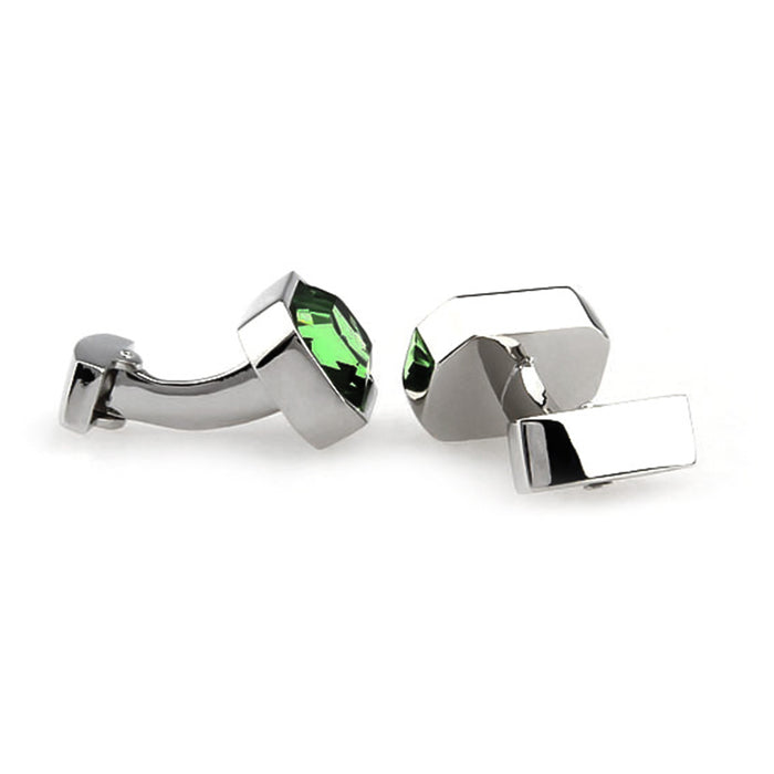 Rectangular Dark Green Stone Cufflinks With Edged Corners Silver Front and Back