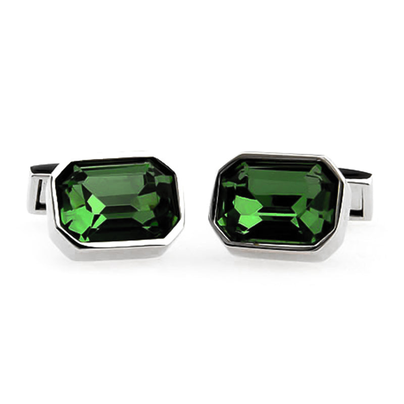 Rectangular Dark Green Stone Cufflinks With Edged Corners Silver Pair
