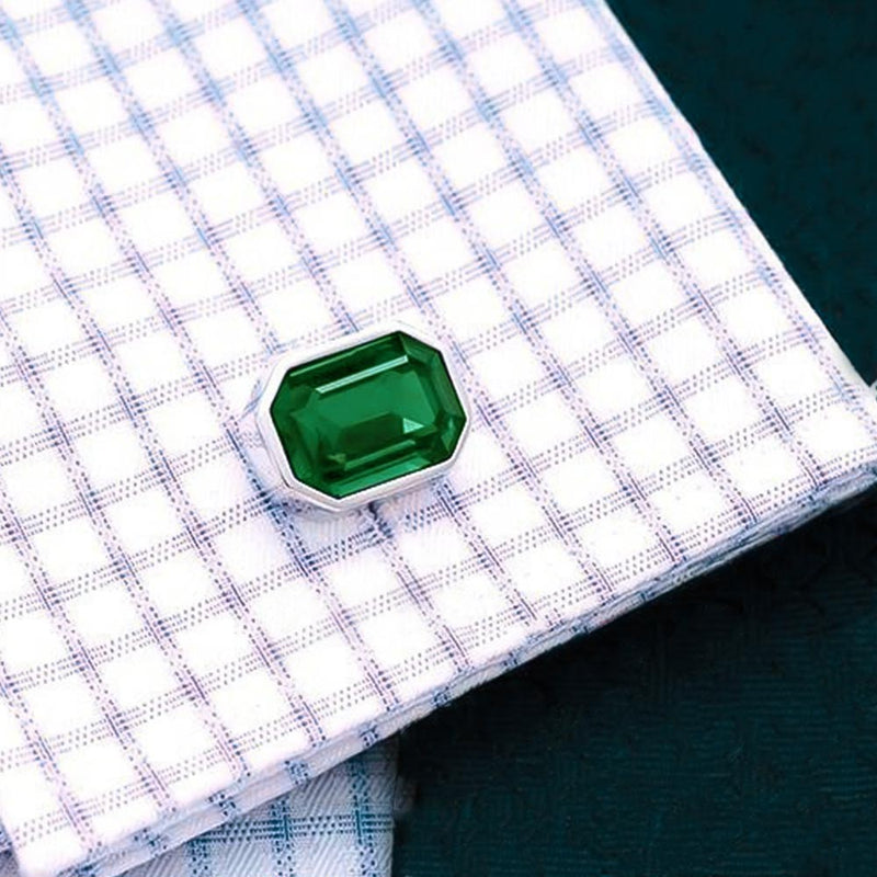 Cufflinks - Stone Green Dark Rectangular Corner Edge (Silver)