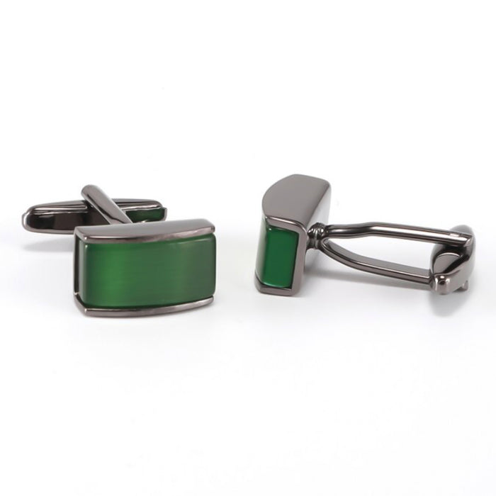 Gunmetal Black Rectangular Cufflinks With Emerald Green Stone Front and Side View