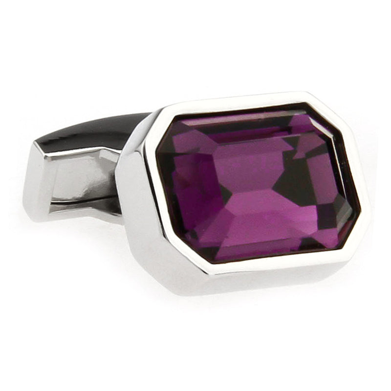 Rectangular Roman Purple Stone Cufflinks With Edged Corners Silver Front View