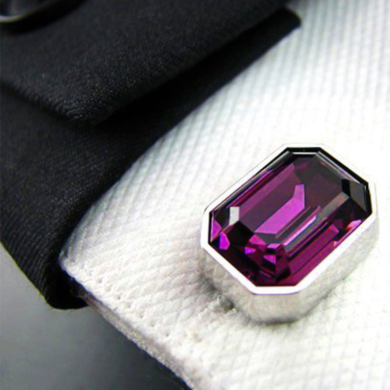 Cufflinks - Stone Purple Roman Rectangular Corner Edge (Silver)