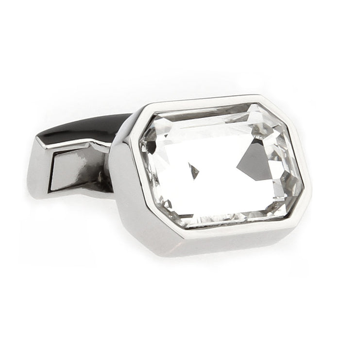 Rectangular Transparent White Stone Cufflinks With Edged Corners Silver Front View