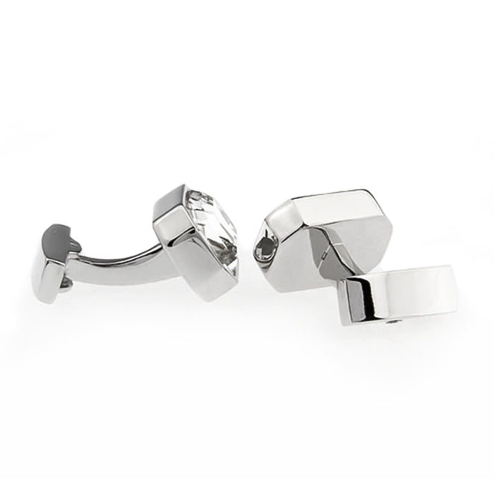 Rectangular Transparent White Stone Cufflinks With Edged Corners Silver Front and Back