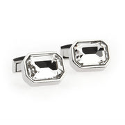 Rectangular Transparent White Stone Cufflinks With Edged Corners Silver Pair