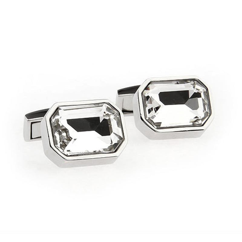 Rectangular Transparent White Stone Cufflinks With Edged Corners Silver Pair