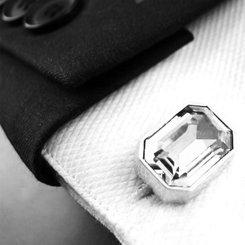 Cufflinks - Stone White Transparent Rectangular Corner Edge (Silver)