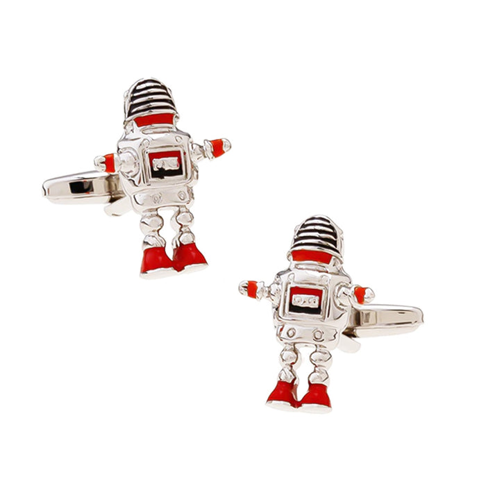 Futuristic Robot Cufflinks Silver Red Front Pair Image