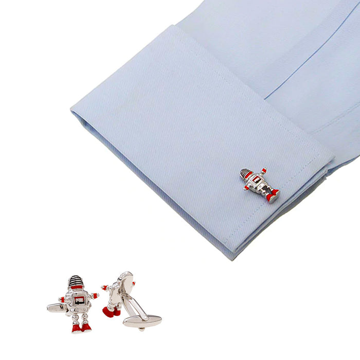 Futuristic Robot Cufflinks Silver Red On Shirt Sleeve Image