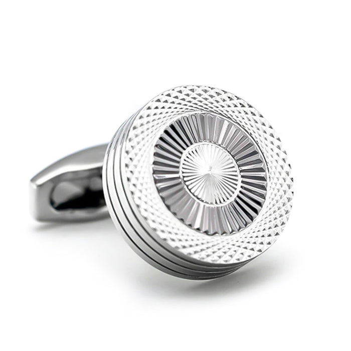 Round Flat Silver Cufflinks Knurling Pattern Front View