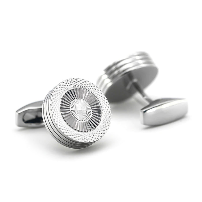 Round Flat Silver Cufflinks Knurling Pattern Front and Back View