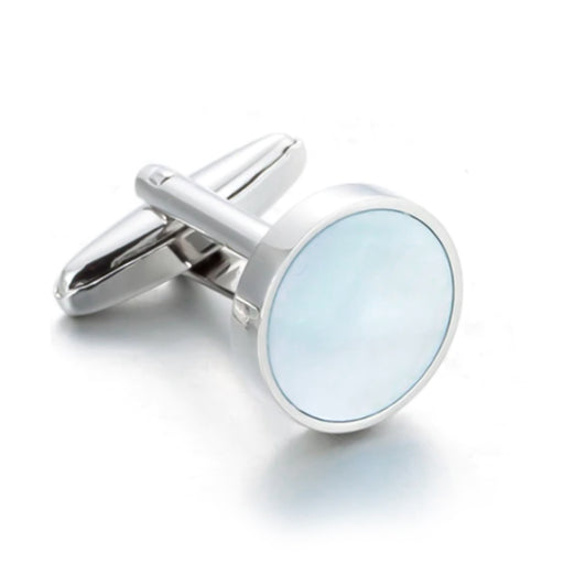 Round Flat Pearl Cufflinks Light Blue and Silver
