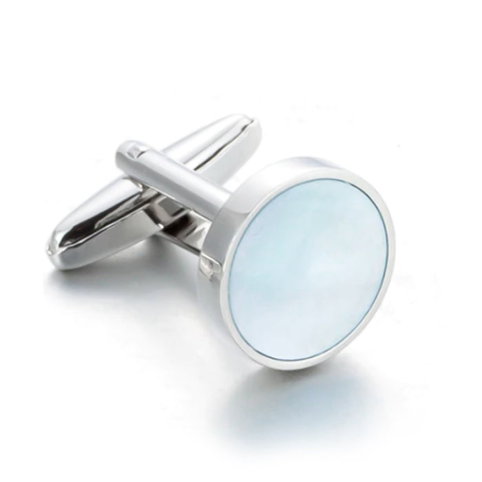 Round Flat Pearl Cufflinks Light Blue and Silver