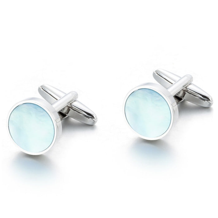 Round Flat Pearl Cufflinks Light Blue and Silver Pair