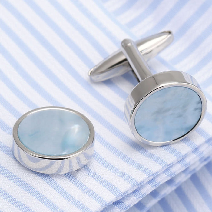 Round Flat Pearl Cufflinks Light Blue and Silver On Shirt Sleeve