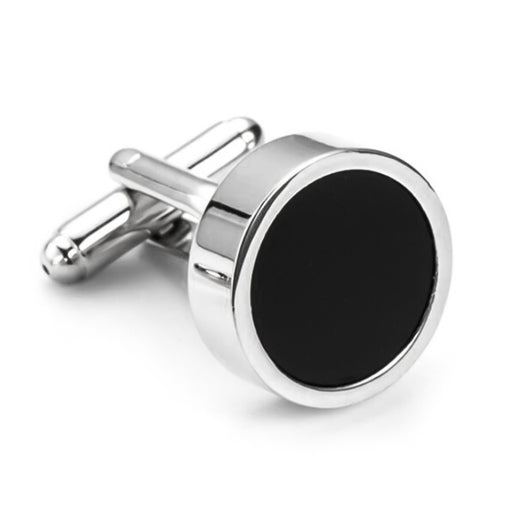 Thick Flat Round Cufflinks Silver With Black Centre Fill Front