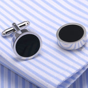 Thick Flat Round Cufflinks Silver With Black Centre Fill On Shirt Sleeve