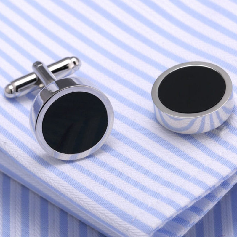 Thick Flat Round Cufflinks Silver With Black Centre Fill On Shirt Sleeve