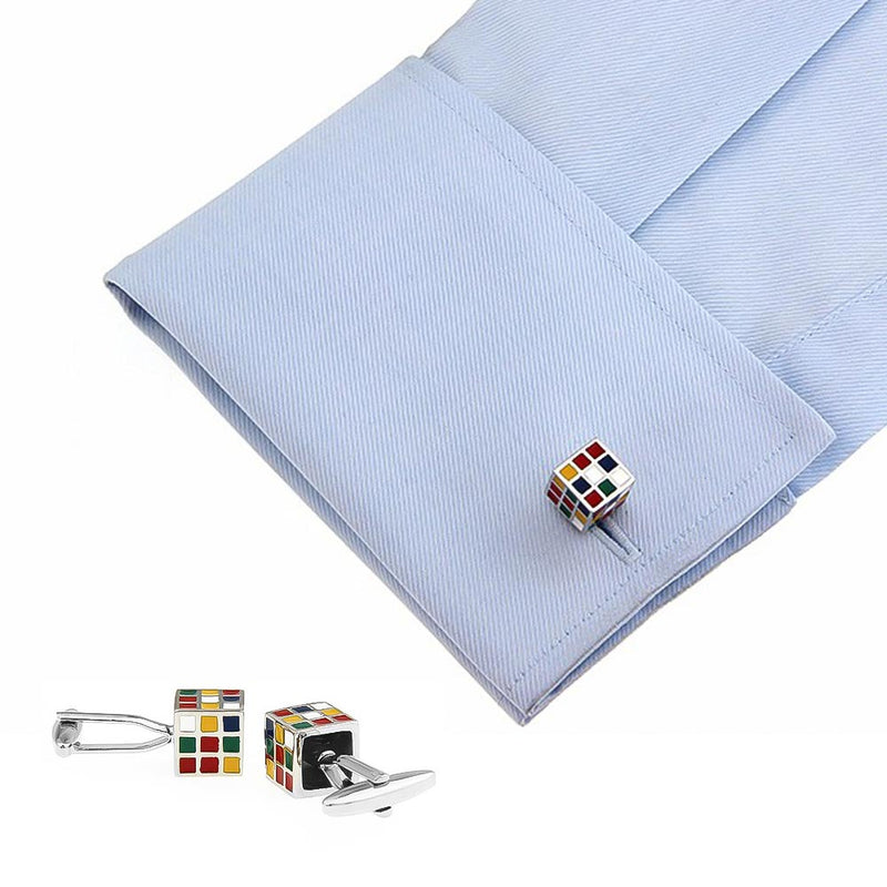 Rubik's Cube Cufflinks Silver Image On Shirt Sleeve