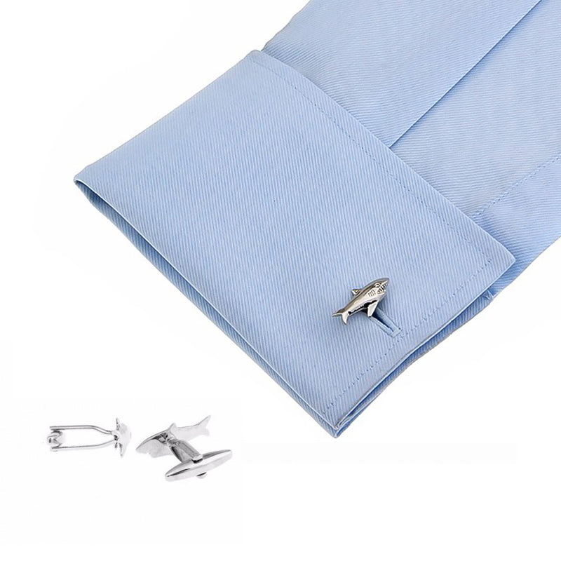 Shark Cufflinks Silver Image On Shirt Sleeve