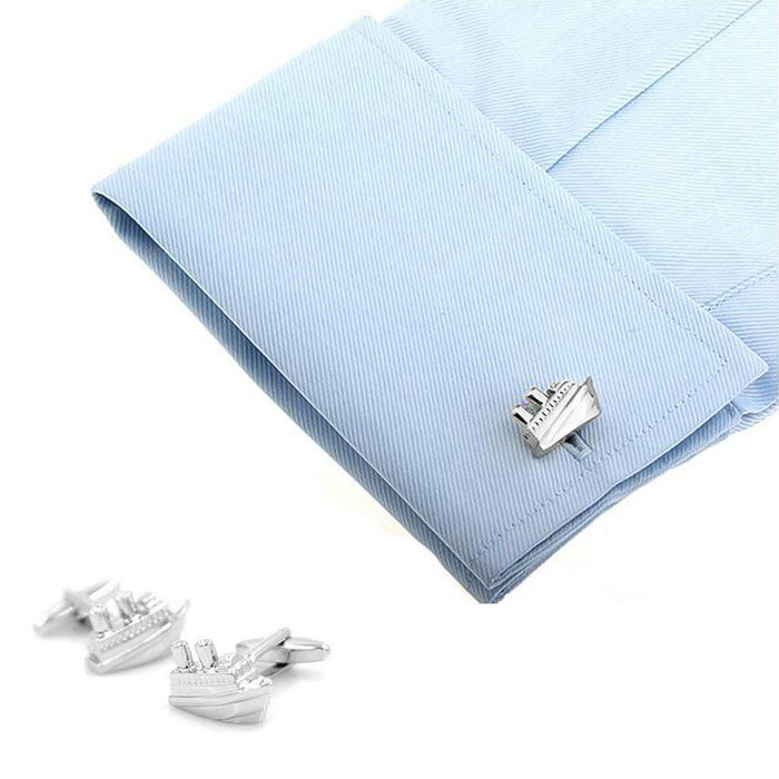 Ship Steamboat Cufflinks Silver Image On Shirt Sleeve