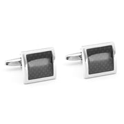 Square Cufflinks Silver With Black Carbon Fiber Center Pair