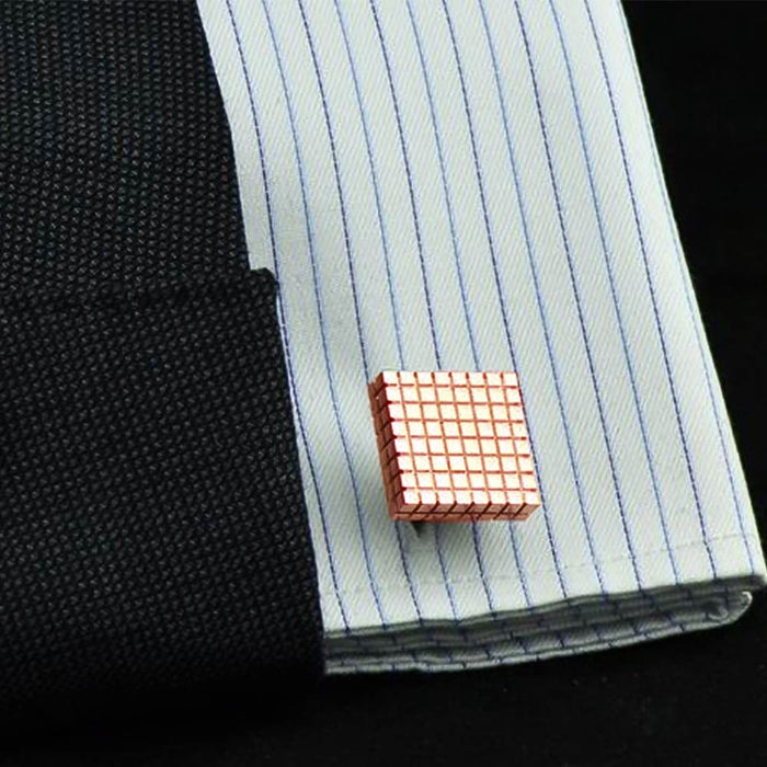 Rose Gold Cufflinks Square Checker Grid On Shirt Sleeve
