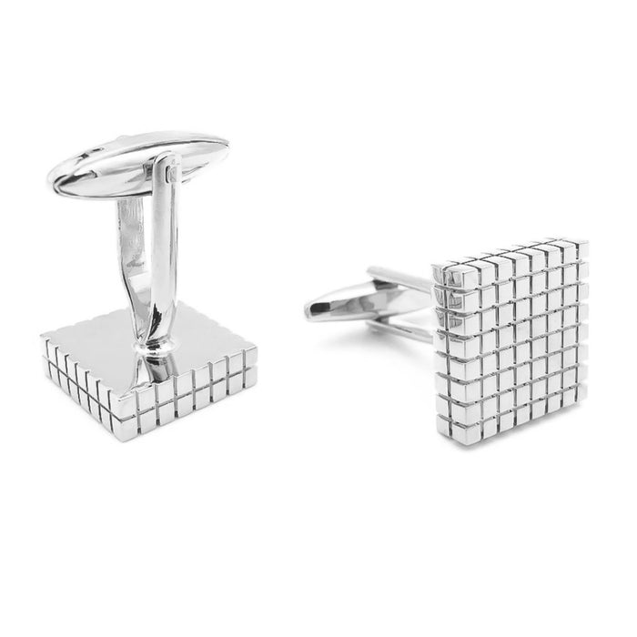 Silver Cufflinks Square Checker Grid Front and underneath