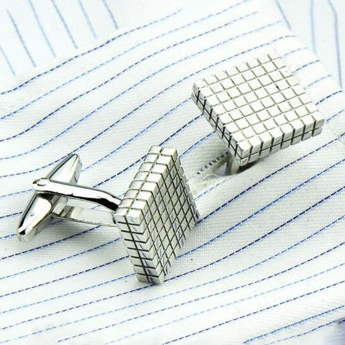 Silver Cufflinks Square Checker Grid On Shirt Pair