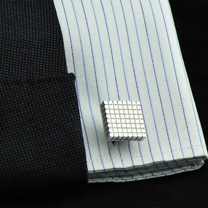 Silver Cufflinks Square Checker Grid On Shirt Sleeve