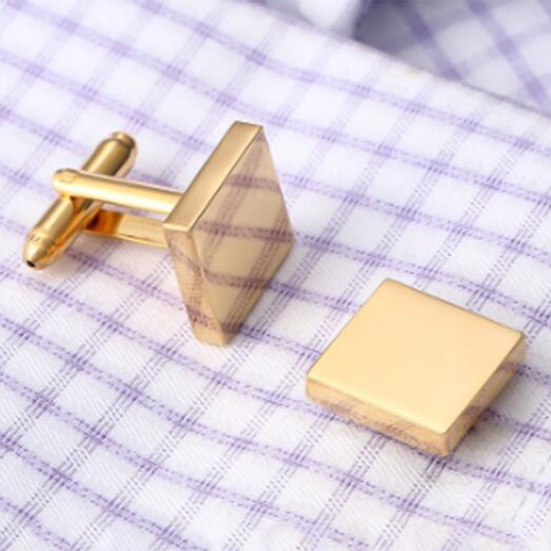 Thin Gold Square Cufflinks Flat On Shirt Sleeve