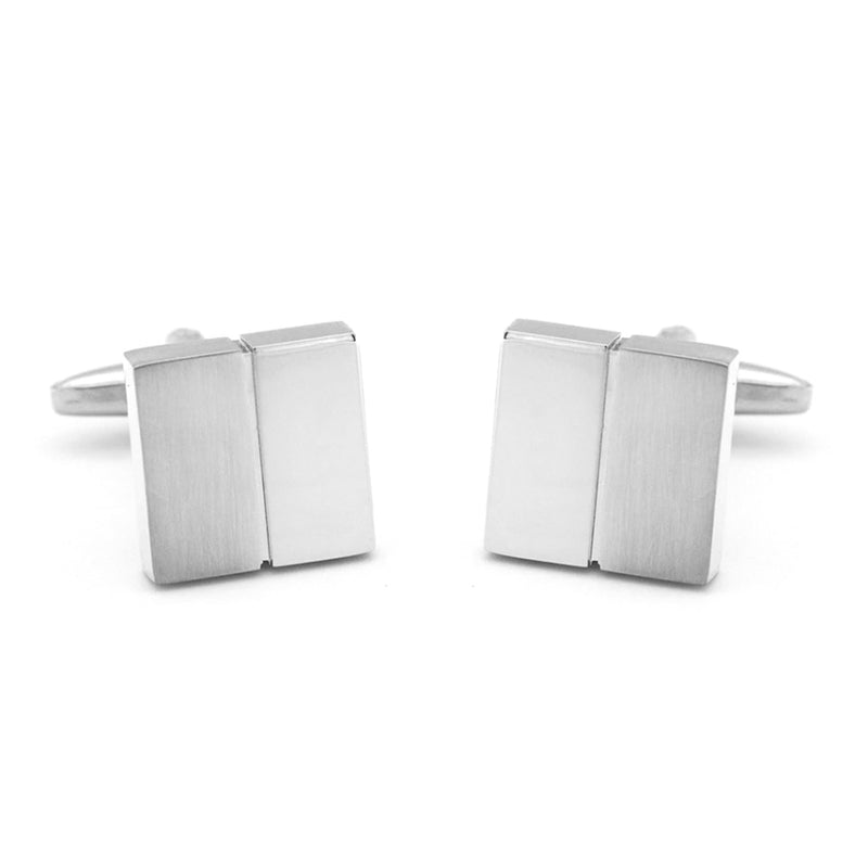 Half Split Square Cufflinks Glossy & Brushed Front Silver Pair