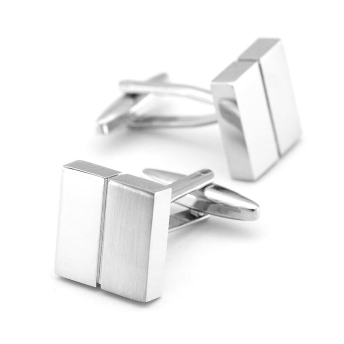 Half Split Square Cufflinks Glossy & Brushed Front Silver Side Views