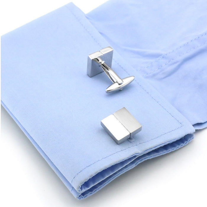 Half Split Square Cufflinks Glossy & Brushed Front Silver On Shirt